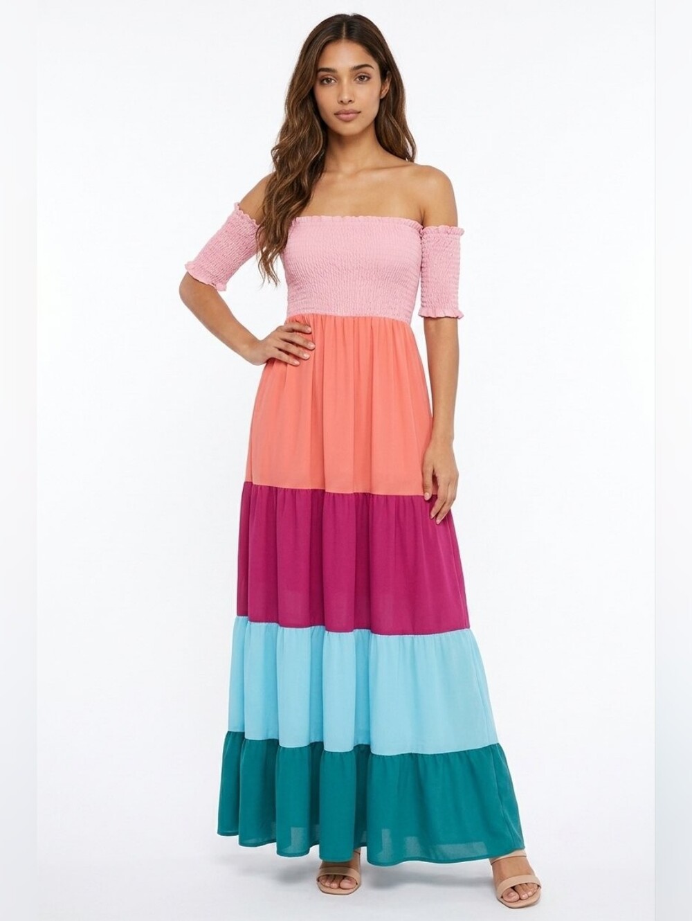 Off-Shoulder Colorblock Maxi Dress in Pink, Blue and Green